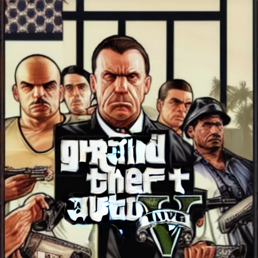 Image similar to Grand theft auto 5 cover art of hitler
