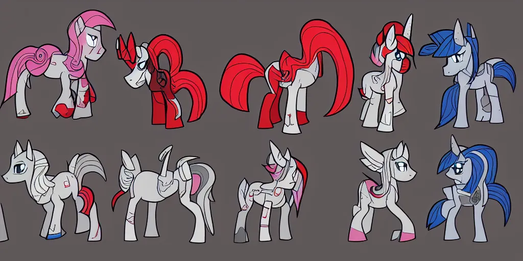 Image similar to Fallout Equestria Project Horizons | Blackjack Character Concept Art | White MLP Unicorn Mare with red and black shaggy hair, and bright, robotic eyes. | Cutie Mark is: Ace and Queen of Spades | Trending on ArtStation, Digital Art, MLP Fanart, Fallout Fanart