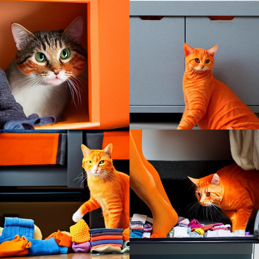 Prompt: An orange cat staring at a drawer filled with socks on fire, high-resolution photo