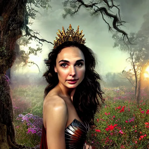 Image similar to Portrait of the beautiful woman Gal Gadot, she is a forest nymph, she is posing, she has a crown of flowers, she is sitting on an ancient forest, there is fog and lots of extravagant leafs, she is getting ulluminated by the rays of the sunset, the photo was taking by Steve McCurry, matte painting, oil painting, naturalism, 4k, 8k