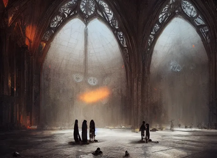 Prompt: ruined world praying people tears letters fly around, volumetric lighting, digital painting, highly detailed, artstation, sharp focus, illustration, concept art, ruan jia, steve mccurry, amazing composition, gothic arch frame