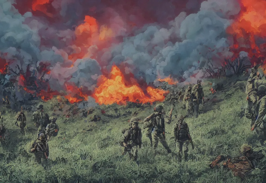 Image similar to handmade colorful illustration of an epic Vietnam War scene with a very few american soldiers walking, one american soldier at the forefront staring at the jungle, blue sky with beautiful clouds, some fire with columns of grey smoke, line art, heavy brushstrokes, oil on canvas by Kilian Eng and by Jake Parker, winning-award masterpiece, fantastic, octane render, 8K HD Resolution, High quality image