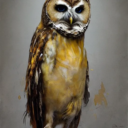 Image similar to shredded physique feathered tall neck beak Portrait of Henry James camouflaged as Owl whilst wearing a yellow tuxedo Standing atop a Garbage Truck Greg Rutkowski Vik Muniz clarence holbrook carter Andrew Wyeth Dan Witz