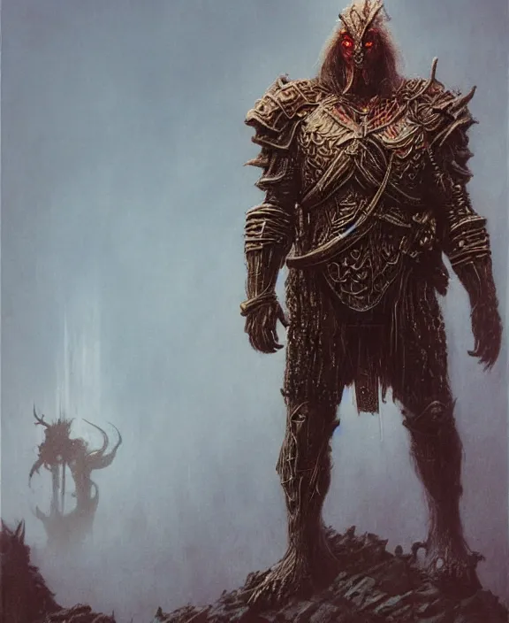 Image similar to beastman concept, wearing tribal armor, beksinski, wayne barlowe, adrian smith fantasy art, the hobbit art, the witcher concept art, trending on artstation,