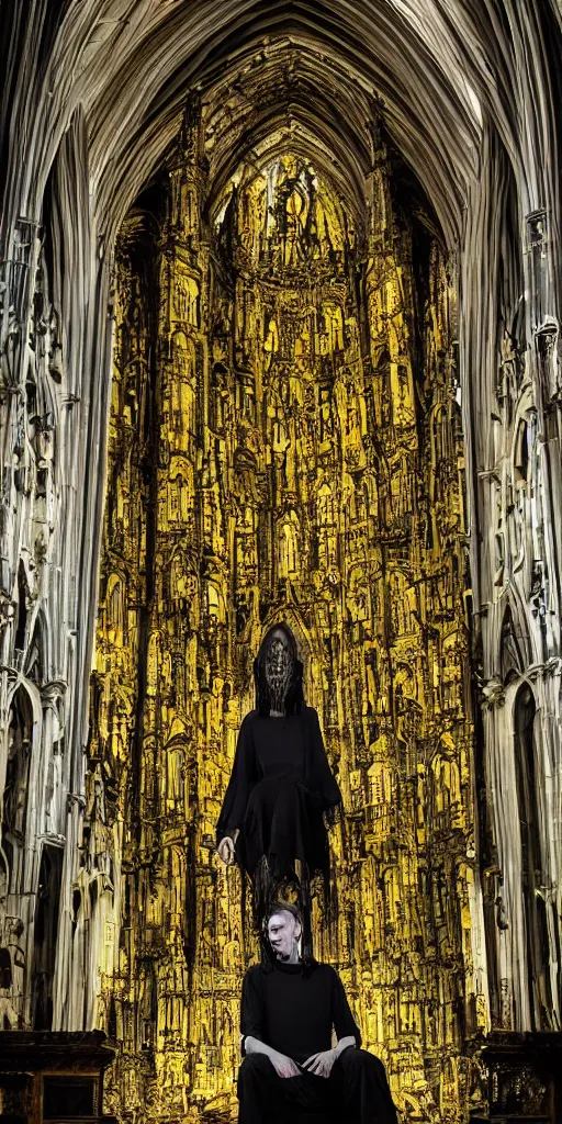 Image similar to a tall pale humanoid being sitting upon an ornate stone throne, 4K, digital art, horror, dramatic, wearing a long yellow rotting garment, dark, hyperrealistic, perspective, complex black church background with volumetric lights coming in through cathedral windows, dark background, highlights,