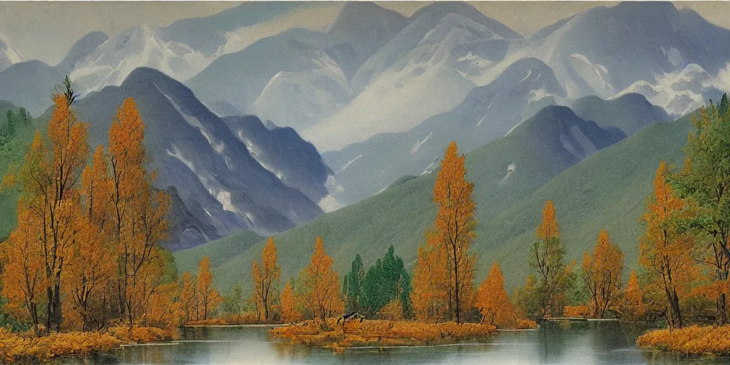 Image similar to art by abbott fuller graves of the cinematic view of the jiuzhaigou valley forest