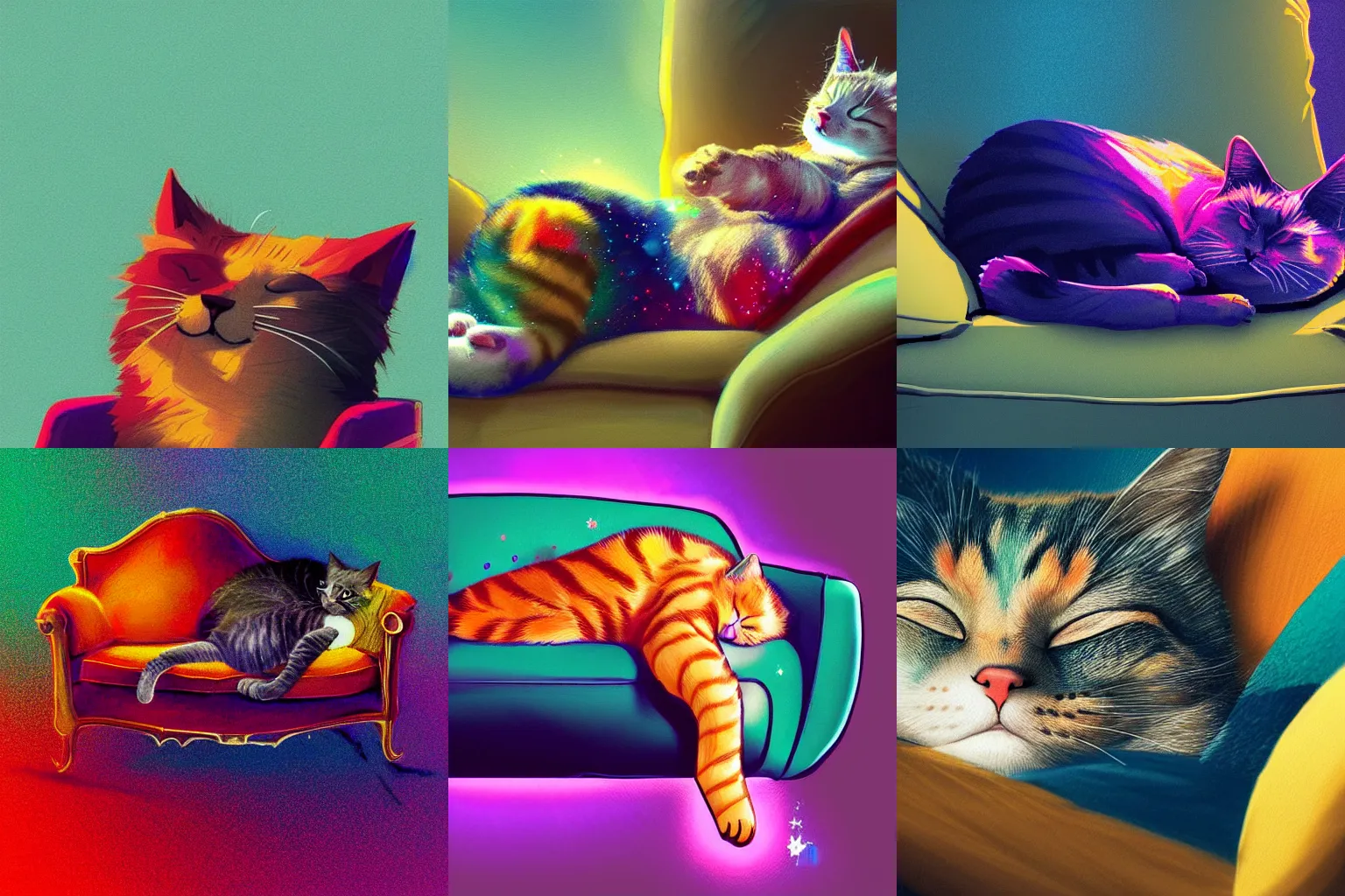 Prompt: a sleeping cat on a Couch, colorful sparkling colors, illustration, trending on artstation, dramatic lighting, concept art, high quality, detailed