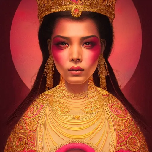 Prompt: portrait of a majestic asian indian queen of beauty, pink and gold, by Anato Finnstark, Tom Bagshaw, Brom