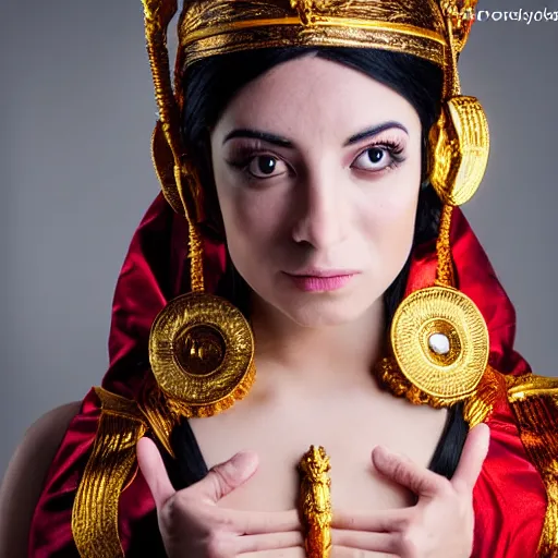 Prompt: young greek italian woman as ramayana, cosplay, studio lighting