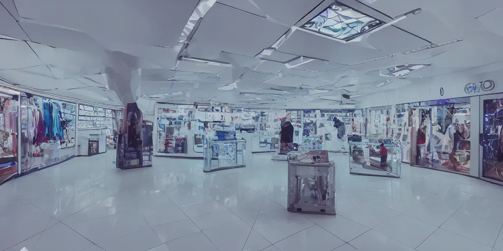 Image similar to a photo of a clean alien shop, futuristic, holographic, 8k, sharp focus, Fujifilm