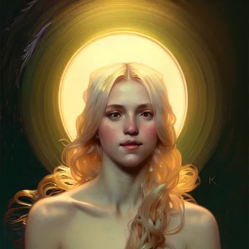 Prompt: A portrait of a blonde girl with a glowing halo surrounded by many delicate feathers, face, intricate, elegant, highly detailed, digital painting, artstation, concept art, smooth, sharp focus, illustration, art by Krenz Cushart and Artem Demura and alphonse mucha