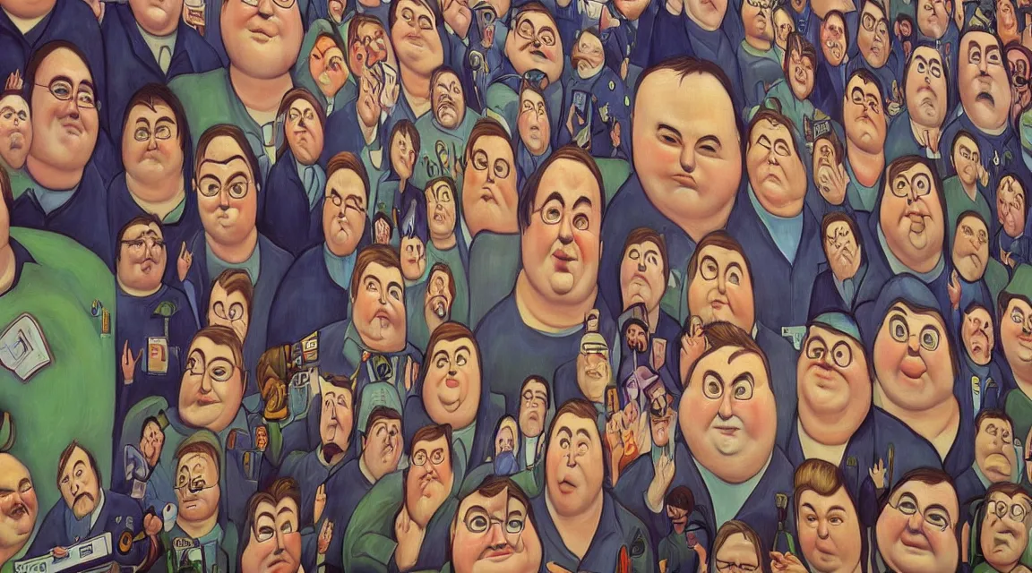 Image similar to Wallpaper of Linus Torvalds in a datacenter painted by fernando botero