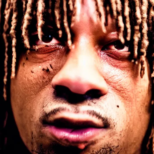 Image similar to a cinematic film still of Trippie Redd starring in The Shining, portrait, 40mm lens, shallow depth of field, close up, split lighting, cinematic