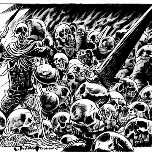 Prompt: precisely drawn illustration of black metal flail with a skull for a ball, wide angle, sharp, fine details, french comic style, vibrant realistic colors, full color, heroic fantasy, intense line art, 8 k, precise linework, realistic, in the style of heavy metal comics and richard corben and moebius