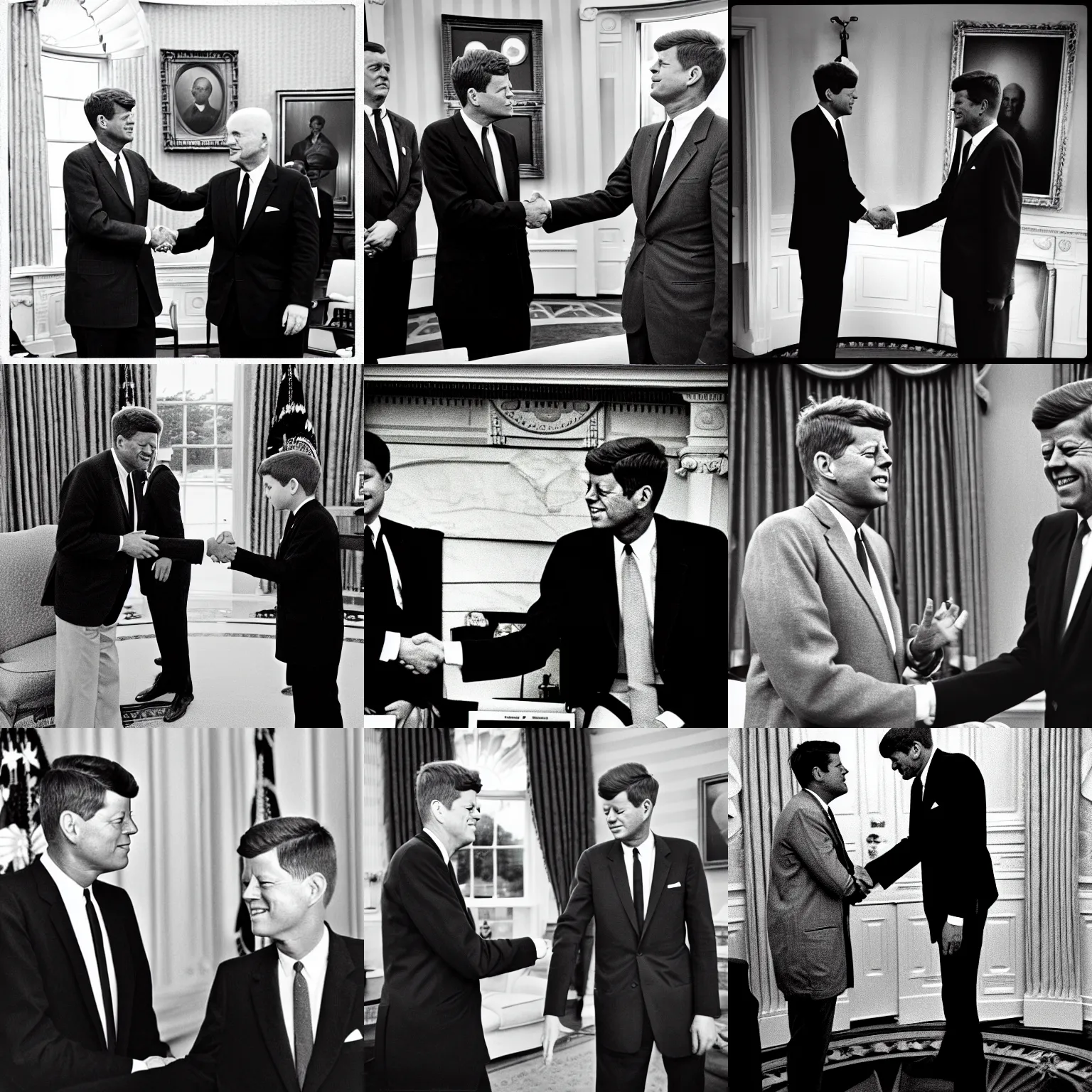 Prompt: John F. Kennedy and the alien from the movie Paul (2011) doing a handshake in the White House oval office 1960, monochrome, instagram, trending, photograph, film grain and noise