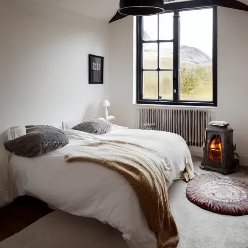 Prompt: cozy hygge bedroom in scottish countryside house by john howe and greg rutkowski