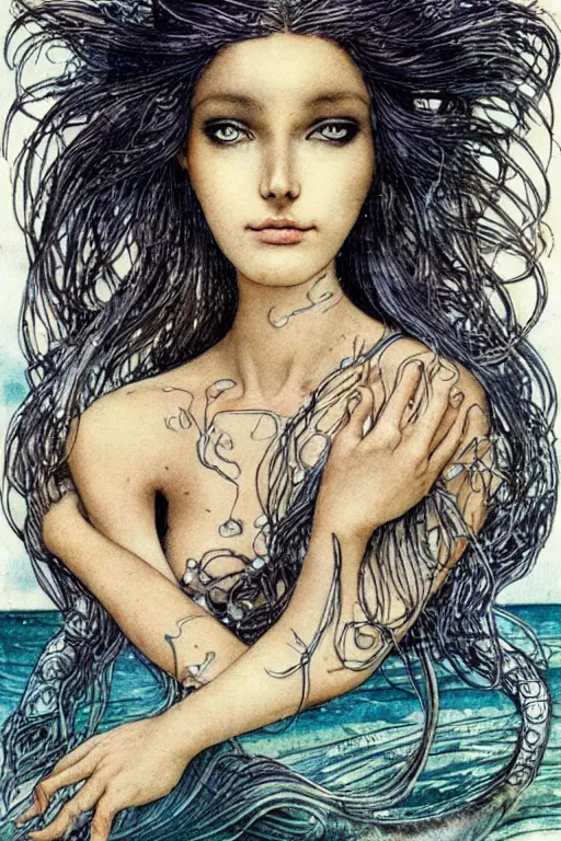 Prompt: mermaid with dark skin and long flowing hair face closeup surrounded circular frame of fish, art by luis royo and walter crane and kay nielsen, watercolor illustration, ultra sharp focus