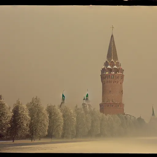 Image similar to Kremlin tower flying as rocket, foggy weather, film still, heavy grain