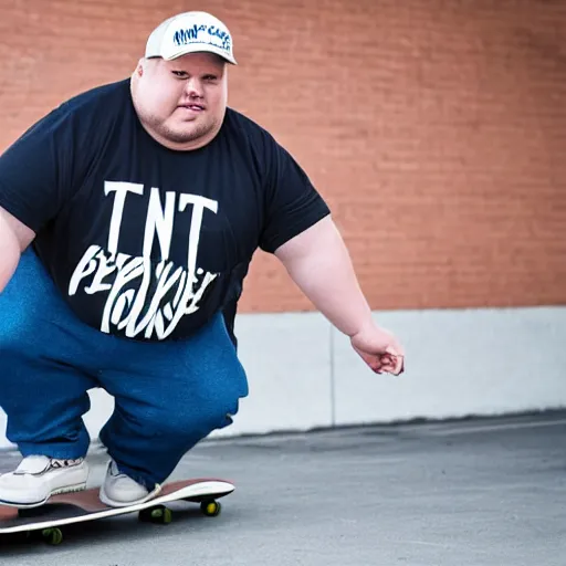 Image similar to very obese man with a t-shirt and cap with the letter P, skateboarding
