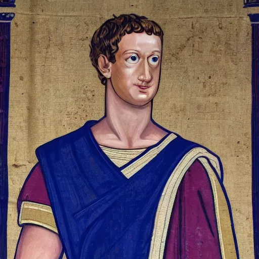 Image similar to mark zuckerberg as a roman noble. dressed in a toga. serious facial expression. on ancient roman fresco, detailed, well - preserved