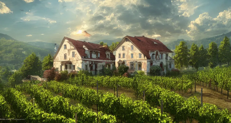 Image similar to A beautiful hyper realistic ultra detailed lifelike matte painting of traditional austrian house in a vineyard, unreal engine, deviantart, flickr, artstation, octane render, textured, colorful, extreme realistic detail, physically based rendering, pbr render, very detailed, volumetric lighting, detailed lighting, octane render, 4k, cinematic lighting, 8k resolution