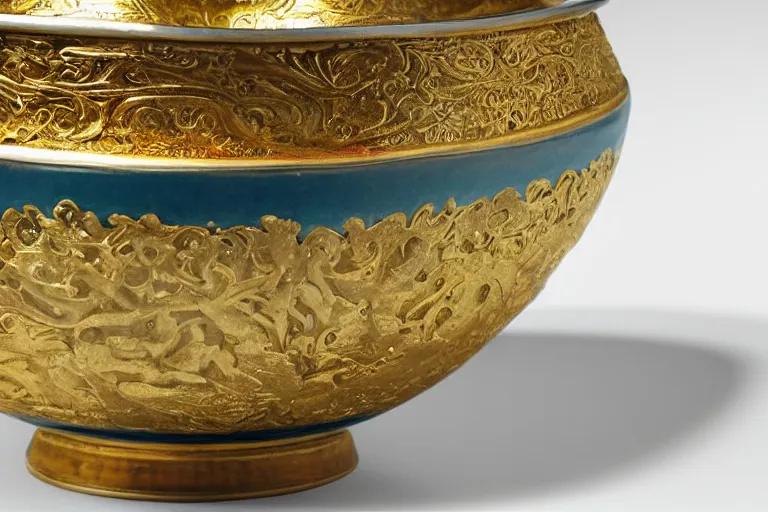 Image similar to an ornate golden bowl of rice, side-view, highly detailed photograph