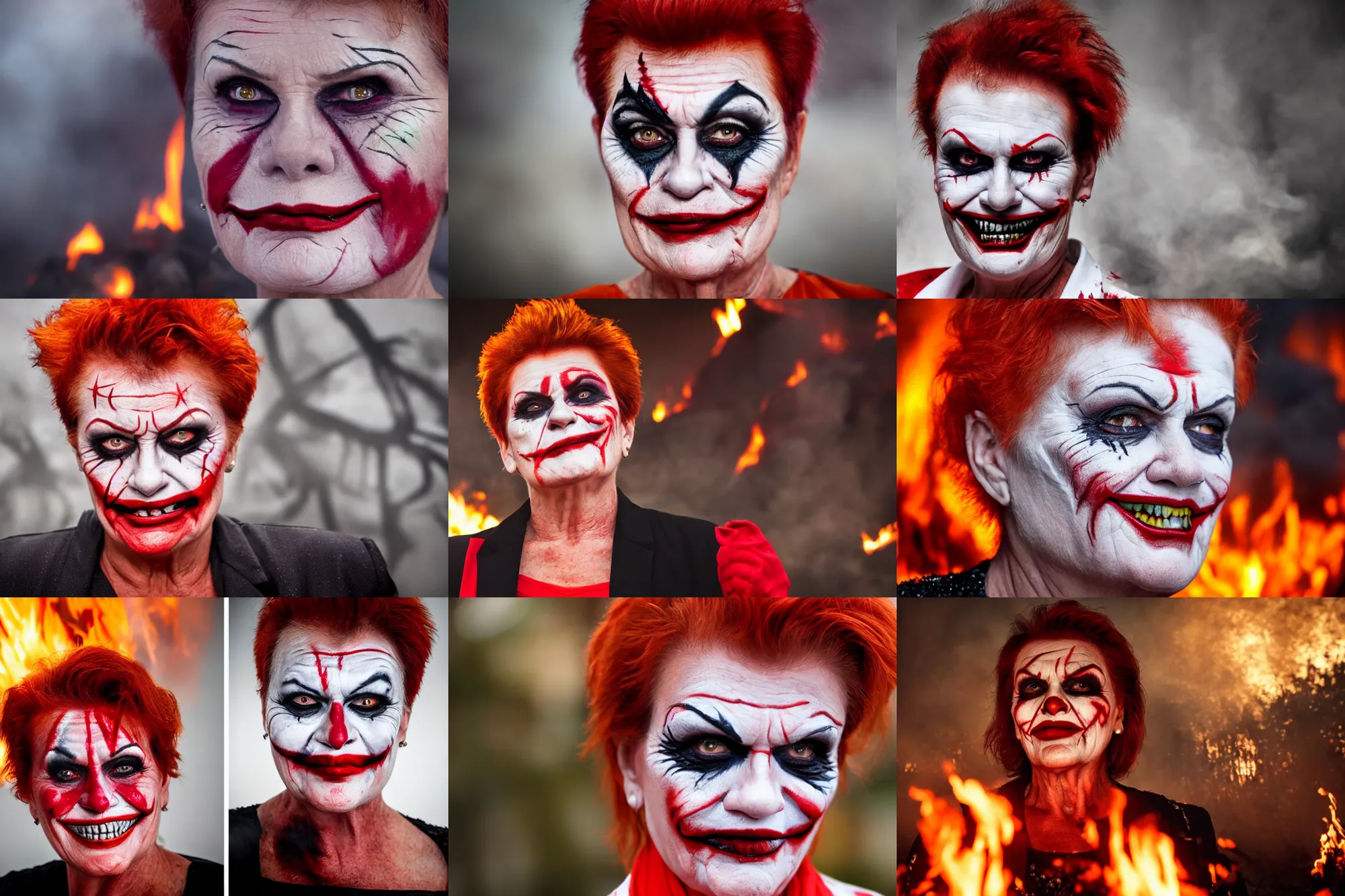 Prompt: pauline hanson with smudged red and white makeup like the joker, standing in hell surrounded by fire and flames and bones and brimstone, portrait photography, depth of field, bokeh