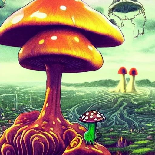 Image similar to A close up portrait of a dignified psychedelic godlike anthropomorphic frog smoking an anime blunt , magic mushroom village in background . award winning. superb resolution. in the art style of junji Ito and greg rutkowski . Detailed Mushroom city in background. Hyper realistic anime. Perfect art. Dalle2