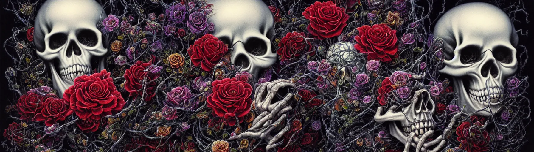 Image similar to the ghost in the machie, dense web of neurons firing, psychedelic lights and fog, skull and roses and gnr imagery, zdzislaw, ayami kojima, yamamoto, barclay shaw, karol bak, hyperrealist, 8 k