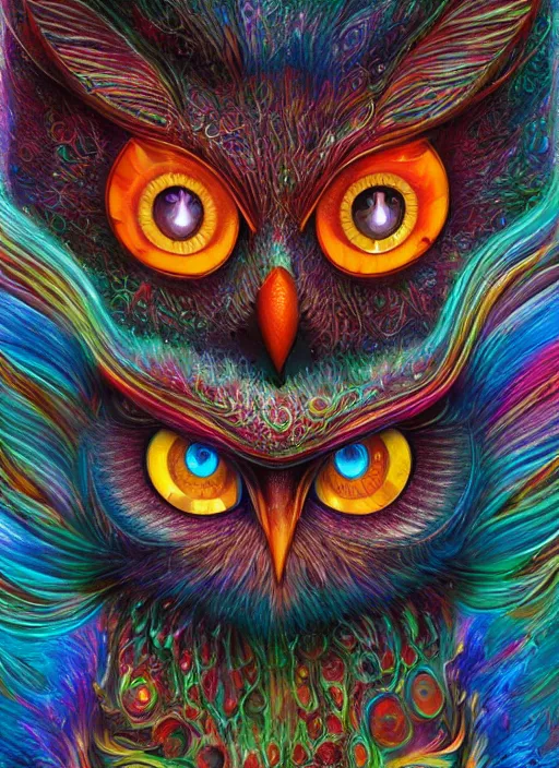 Prompt: a portrait of a psychedelic cat owl figure by naoto hattori, android jones and chris dyer, deep bold colors, galactic entity, depth of field, intricate beautiful painting, billions of details, octane render, portal, 8 k, trending on artstation