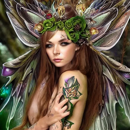 Prompt: elf queen, forest, godlike, realistic, full body, extremly detailed, tattoo of tattooed fairies, tattoo of fairies, tattoo of two tattooed fairies, tattoo of two fairies, tattoo of two fairy wings, tattoo of fairy wings, tattoo of fairy, tattoo of fairy with wings, tattoo of a fairy, tattoo of a fairy with wings,