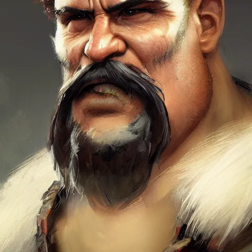 Image similar to portrait old barbarian warrior with trucker mustache and short hair, 8 k, trending on art station, by tooth wu and greg rutkowski