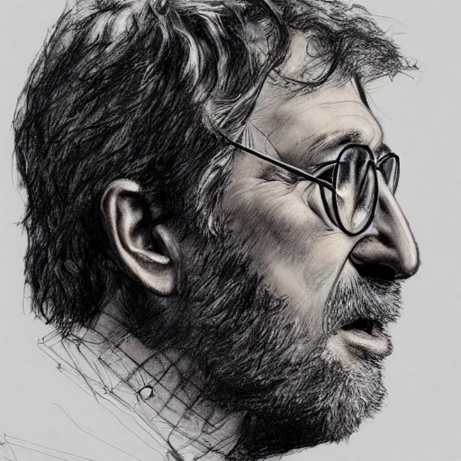 Prompt: a realistic yet scraggly portrait sketch of the side profile of a stern and sophisticated stephen spielberg, trending on artstation, intricate details, in the style of frank auerbach, in the style of sergio aragones, in the style of martin ansin, in the style of david aja, in the style of mattias adolfsson