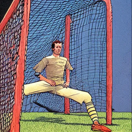 Image similar to a man laying on his back, a soccer goal behind him, a soccer in the net. Epic portrait by james gurney and mœbius.