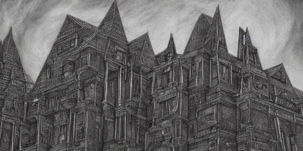 Prompt: charcoal high detailed art of monumental architecture inspired by h. p. lovecraft with gold contrast element