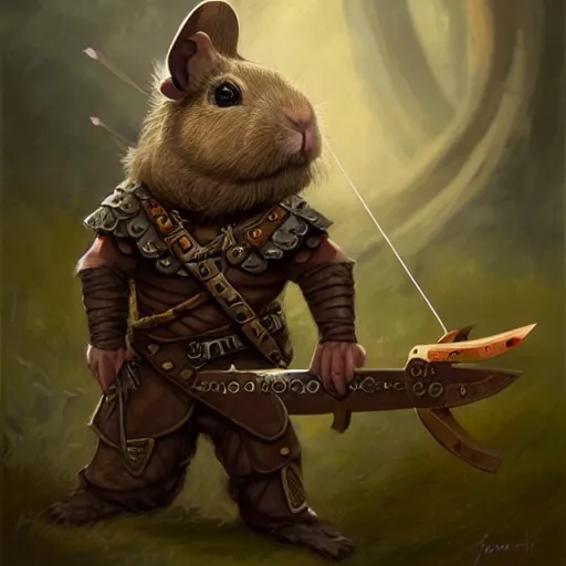 Image similar to cute little anthropomorphic Guinea Pig Crossbow Archer, tiny, small, short, Chainmail outfit, cute and adorable, pretty, beautiful, DnD character art portrait, matte fantasy painting, DeviantArt Artstation, by Jason Felix by Steve Argyle by Tyler Jacobson by Peter Mohrbacher, cinema