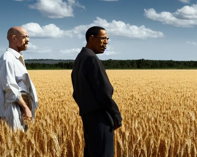 Image similar to extreme long shot of walter white and gustavo fring standing facing each other from a distance in a wheat field, low angle, side view, perfect angle, 8 5 mm photograph, 8 k resolution, wide shot, sharp lens, high detail, cinematic