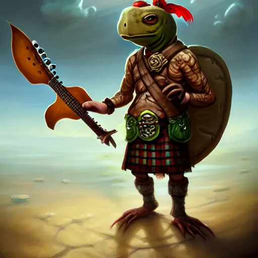 Prompt: an anthropomorphic turtle, wearing a kilt, holding a guitar in both hands, walking up the sandy beach, DnD character art portrait, matte fantasy painting, DeviantArt Artstation, by Jason Felix by Steve Argyle by Tyler Jacobson by Peter Mohrbacher, cinematic lighting