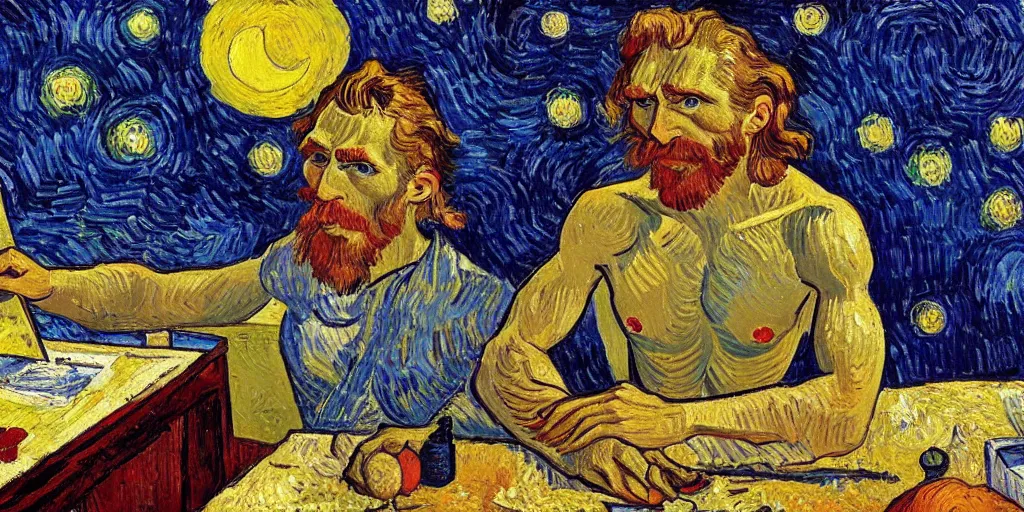 Image similar to a greek god sitting at his desk on the surface of the moon, national geographic, detailed, oil painting, vincent van gogh, gaugin, modigliani