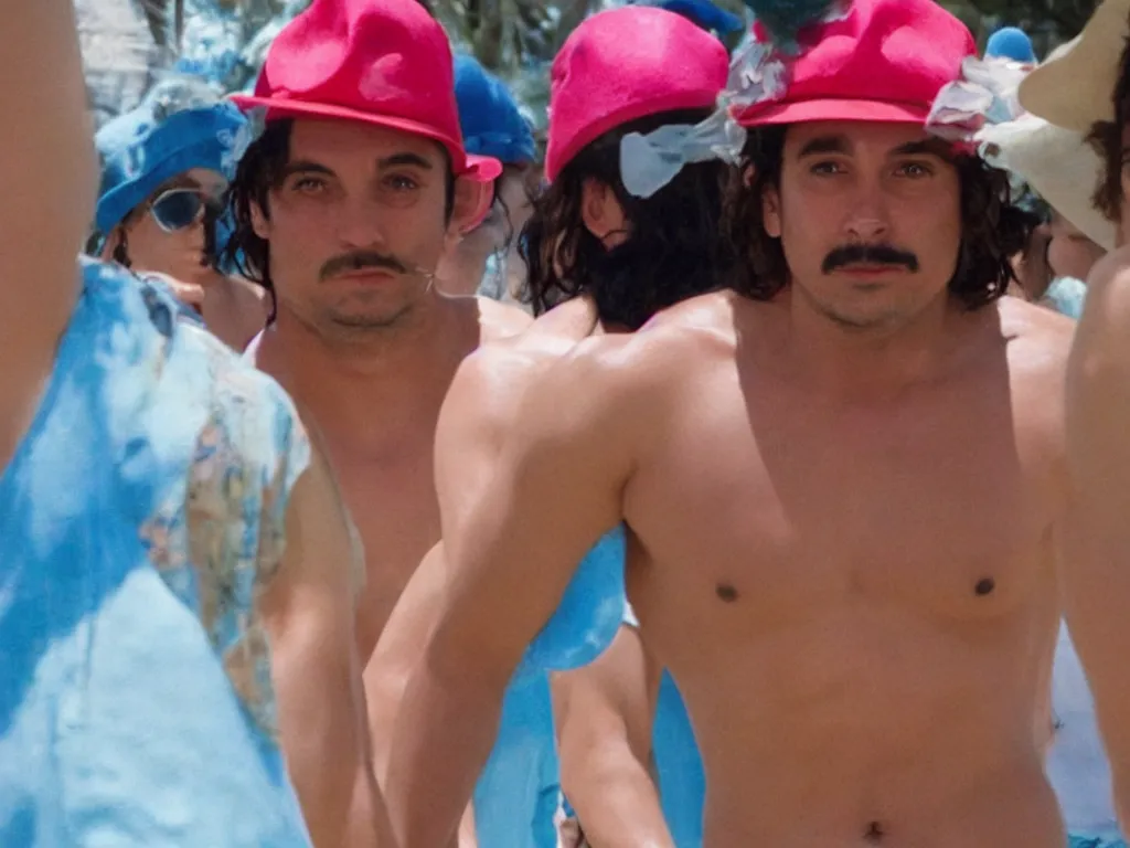 Image similar to Close up of mario in a hat in Harmony Korine Spring Breakers film aesthetic!!!