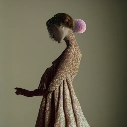 Image similar to Fashion photography of a woman wearing a dress inspired by a jellyfish, artistic photography, insanely detailed, chiaroscuro, cinestill 800t, Vogue magazine