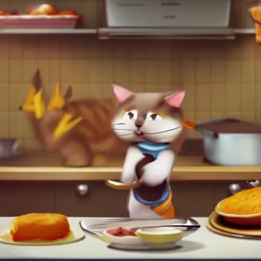 Image similar to a cute cat cooking a breakfast, highly detailed, masterful, cinematic