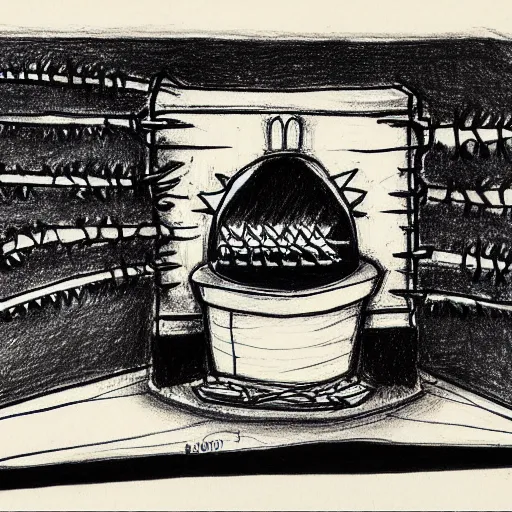 Prompt: very simple ballpoint pen line drawing of a furnace with spiky toothed demons around it, pen on paper simple drawing by a child, no shading