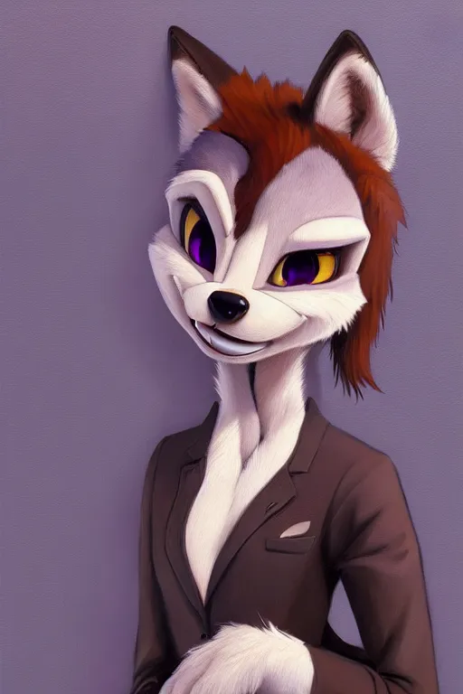 Prompt: oil painting of anthromorphic female wolf, in style of cory loftis, female fursona, furry, furaffinity, 4 k, deviantart, furry art, fursona art, wearing black business suit, business suit, in style of zootopia, wolf fursona, cyberpunk, female, female wolf face, very expressive detailed feminine face,