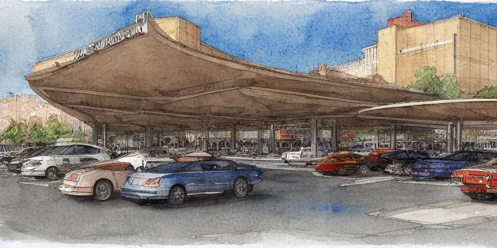 Prompt: a hiper intricate watercolor of a beatifull modern parking station, extremely detailed, sharp focus, wide view, smooth, digital illustration, colorfull, by william turner art, by greg rutowski, by carl larson, by edmund dulac