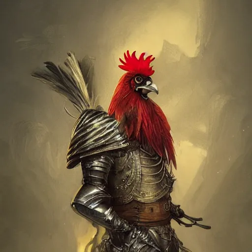 Prompt: flamboyant rooster wearing medieval suit of armor, illustration, concept art, art by wlop, dark, moody, dramatic