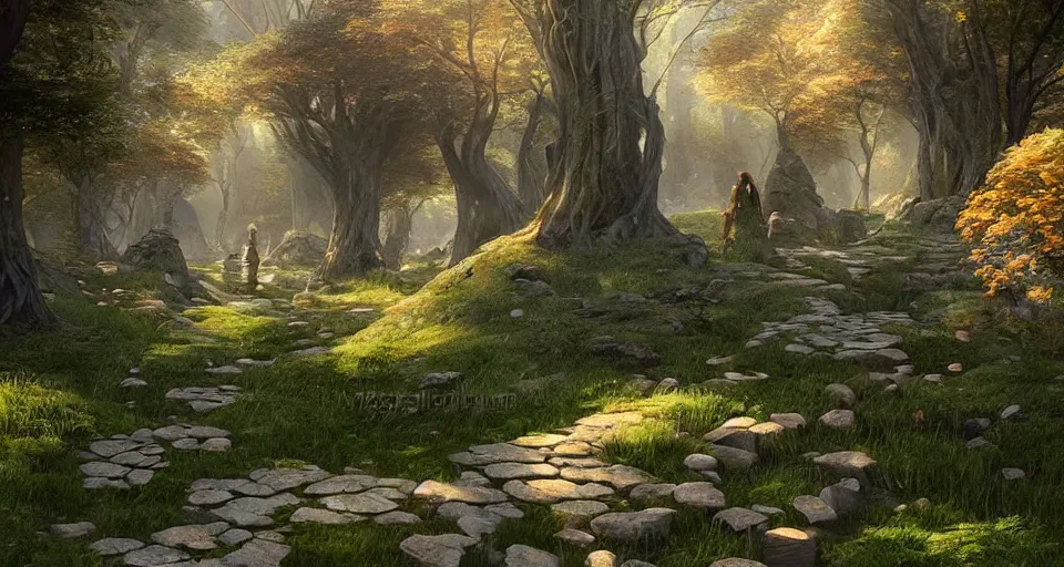 Prompt: Beautiful uplifting glade bg. Elven stone monuments along the pathway. J.R.R. Tolkien's Middle-Earth. Trending on Artstation. Digital illustration. Artwork by Darek Zabrocki and Sylvain Sarrailh. Concept art, Concept Design, Illustration, Marketing Illustration, 3ds Max, Blender, Keyshot, Unreal Engine, ZBrush, 3DCoat, World Machine, SpeedTree, 3D Modelling, Digital Painting, Matte Painting, Character Design, Environment Design, Game Design, After Effects, Maya, Photoshop.