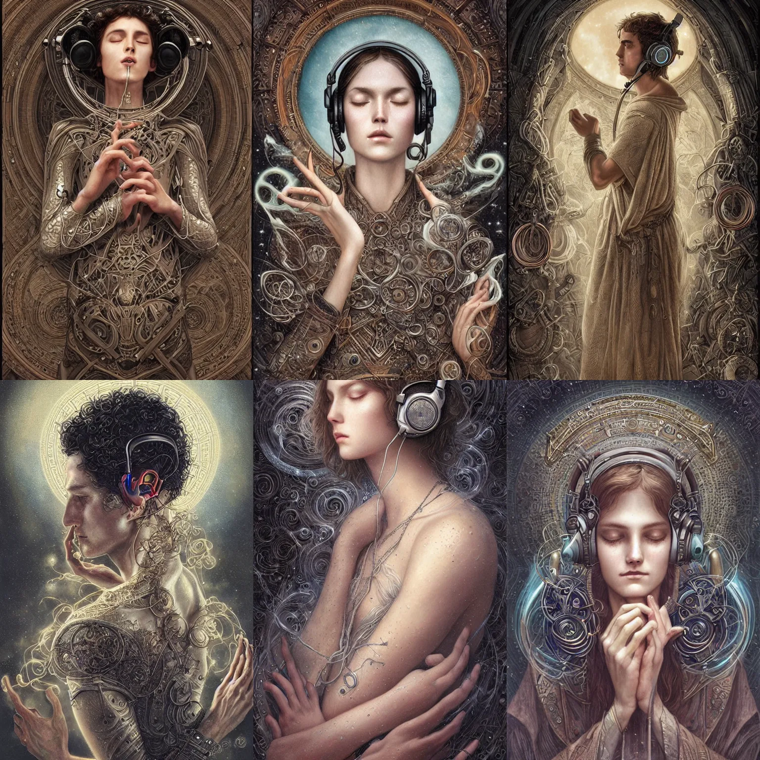 Prompt: wizard listening to godly music, mechanical headphones, ancient, closed eyes, highly detailed, perfect proportions, highly intricate, art by tom bagshaw and alex gray