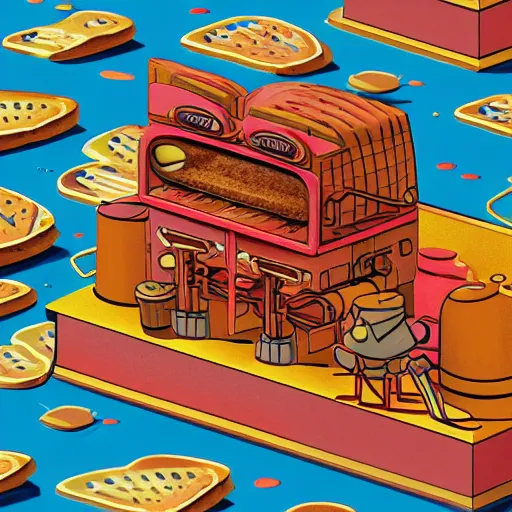 Prompt: fineline painting anthropomorphic toast in an isometric steampunk strawberry jam factory, colour pallette of strawberry shortcake, incredible detail, vray render subsurface scatter drum scanner, intricate complexity, golden ratio, cartoon animation pendleton ward, 8 k detail