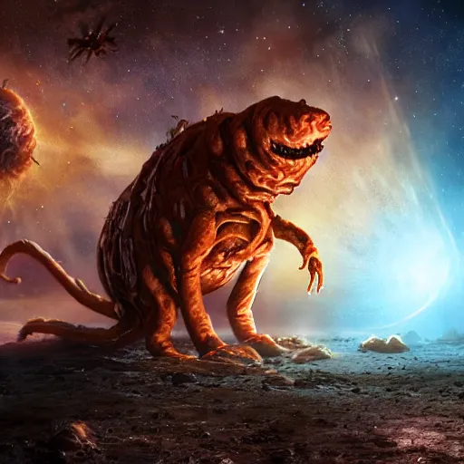 Image similar to eldritch horror bloody garfield in space, hd, 8 k, giant, epic, realistic photo, unreal engine, stars, prophecy, powerful, cinematic lighting, destroyed planet, debris, violent, sinister, ray tracing, dynamic, epic composition, dark, horrific, teeth, grotesque, monochrome drawing, hellscape